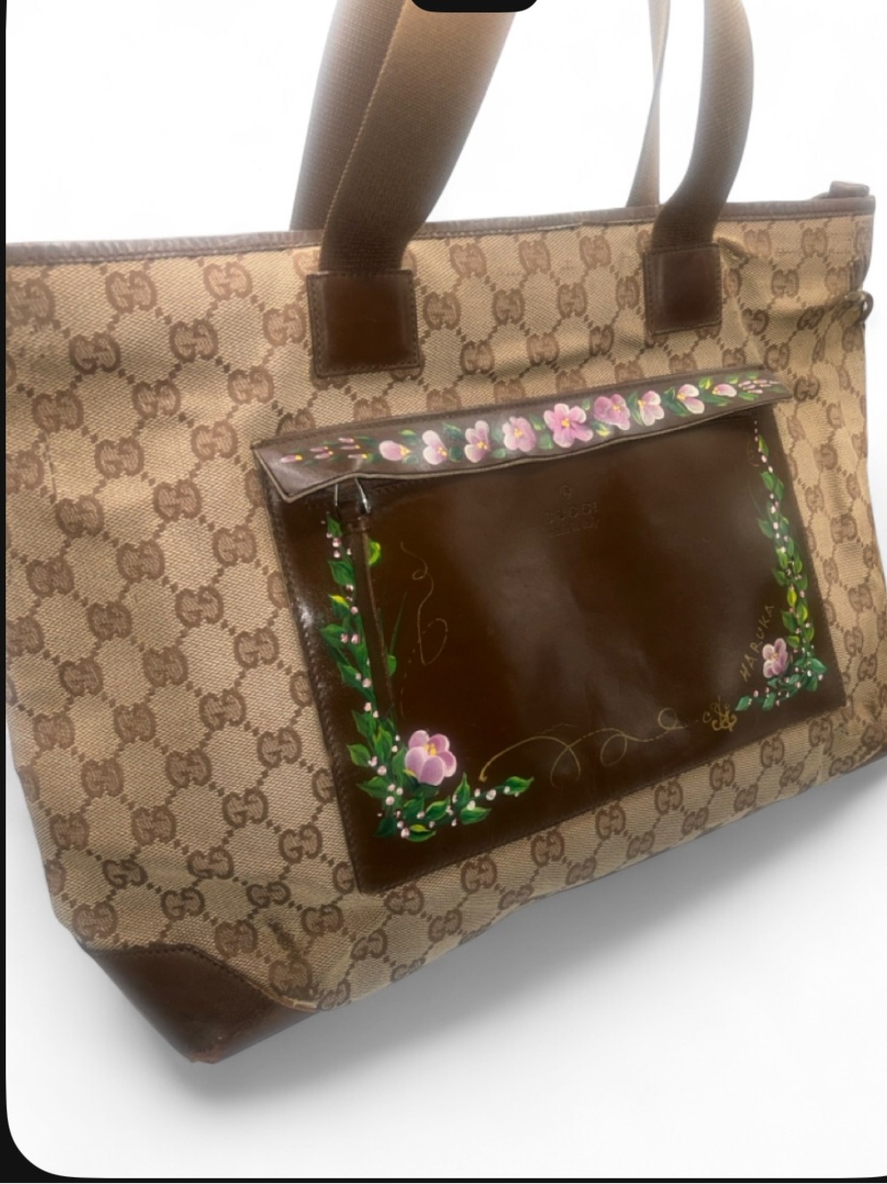 Gucci Beige Brown GG Canvas Tote with Hand-Painted Floral Pocket